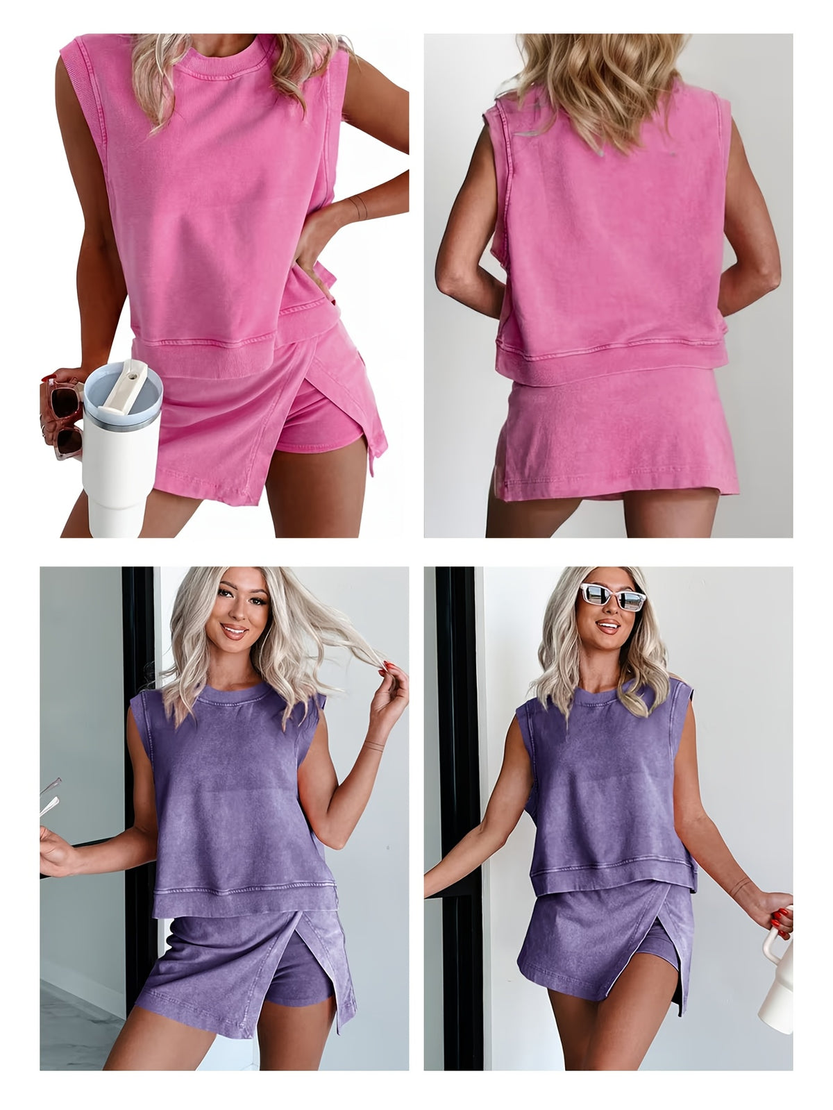 Solid Color 2-Piece Set Women Short Sleeve T-Shirt and Pants Casual Summer Matching Outfit