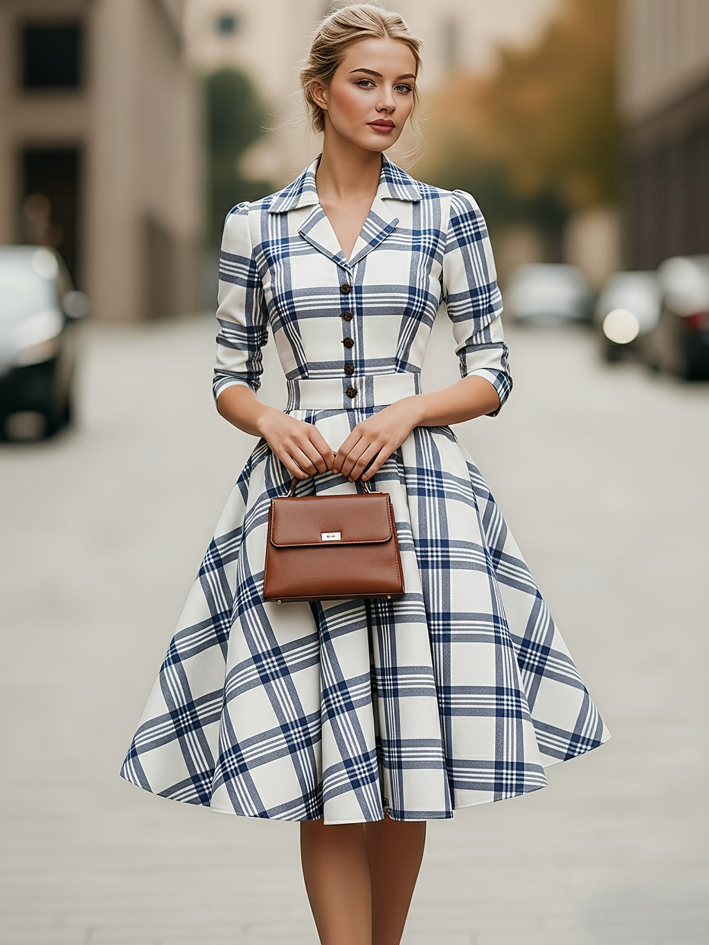 Burgundy Plaid Blazer-Style Midi Dress Women Waist-Defining A-Line Vintage Elegant Workwear Office Banquet Holiday Dress S-XXL