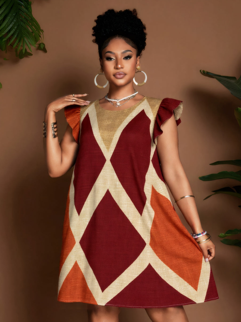 Boho Geometric Print Ruffle Sleeve Sundress Women Round Neck A-Line Button Detail 100% Polyester Vacation Casual Dress S-XXL