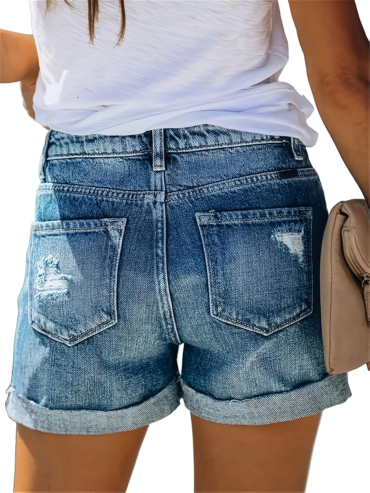 High Waist Stretch Ripped Denim Shorts Women Distressed Raw Hem Y2K Style Slim Fit Light Blue Summer S-XXL