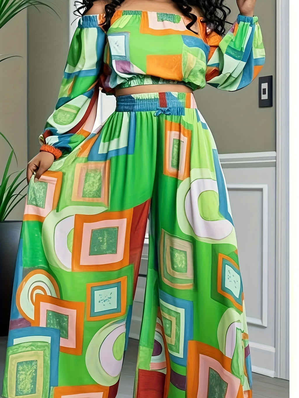 Women's Boho Print Crop Top and Wide Leg Pants 2-Piece Set Casual Summer Beach S-XXL