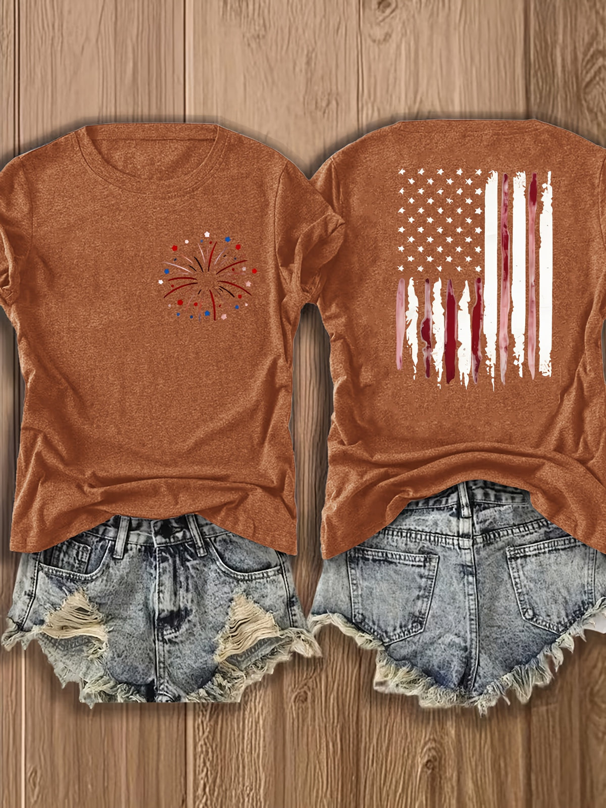 American Flag Print T-Shirt Women Patriotic Graphic Tee Short Sleeve Crew Neck | Fireworks USA Print Lightweight Breathable Top for 4th of July Summer Daily Wear