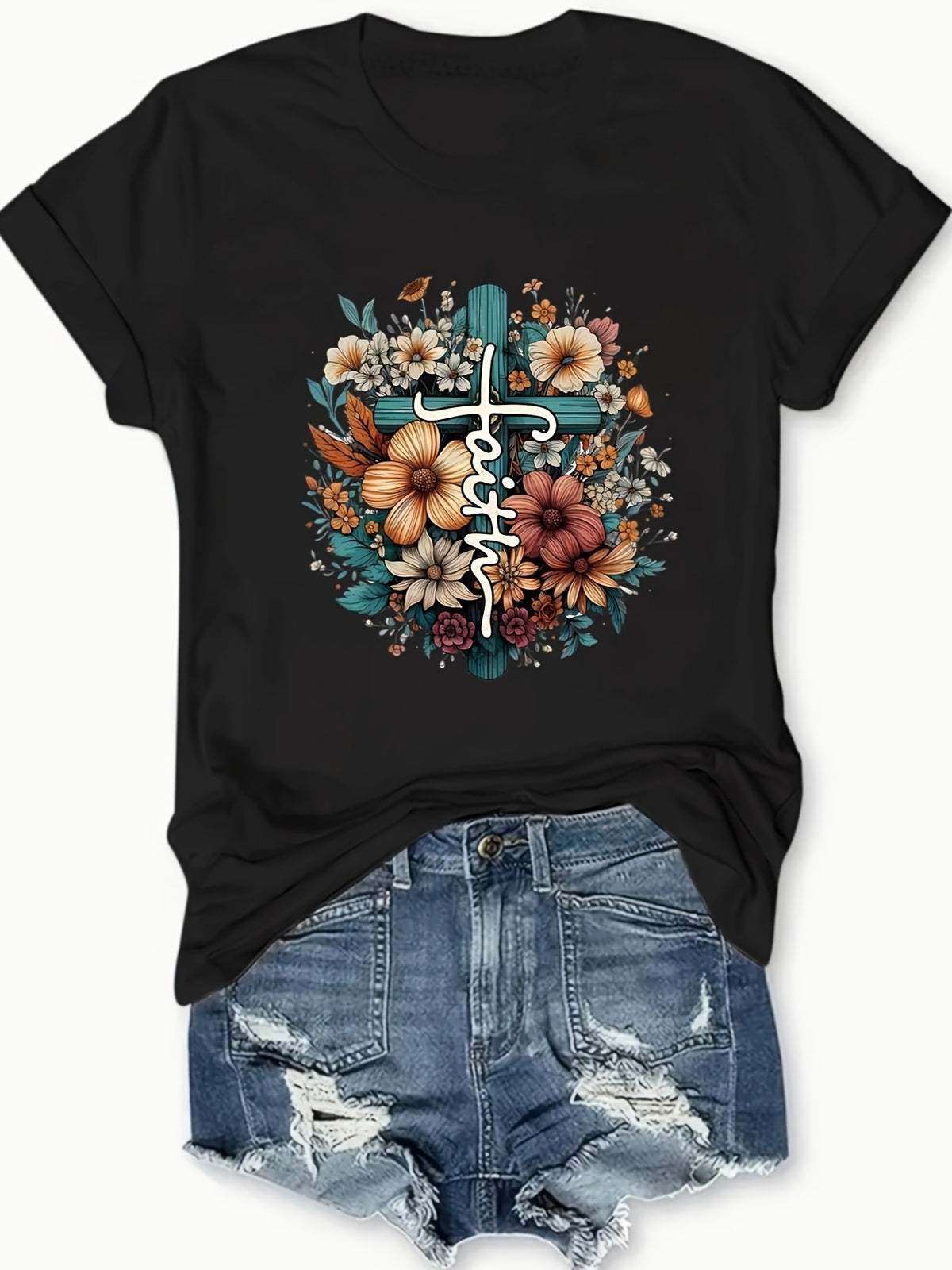 Women's Casual Letter Cross Floral Print T-Shirt Short Sleeve Round Neck Top | S-XXL Dark Gray Black White
