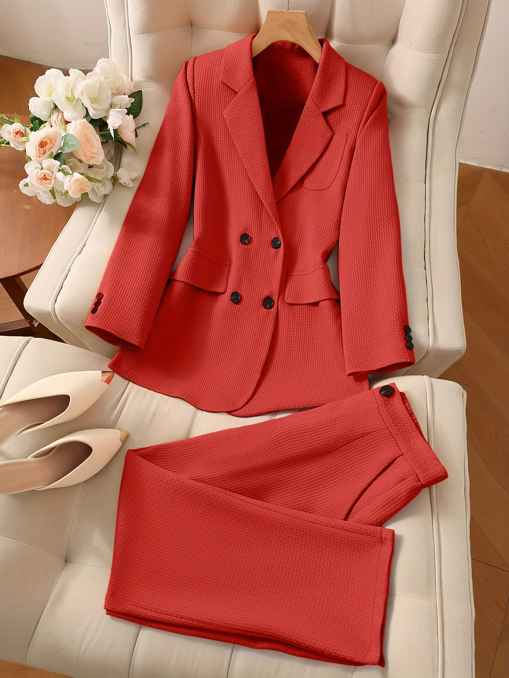 Women's 2 Piece Waistcoat Suit Set Single Button Solid Color Blazer Vest & Suit Pants Elegant Outfit