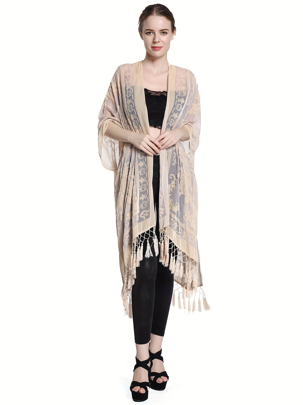 Boho Burnout Velvet Kimono Women Long Cardigan Cover Up Tassel Floral Embroidered One Size