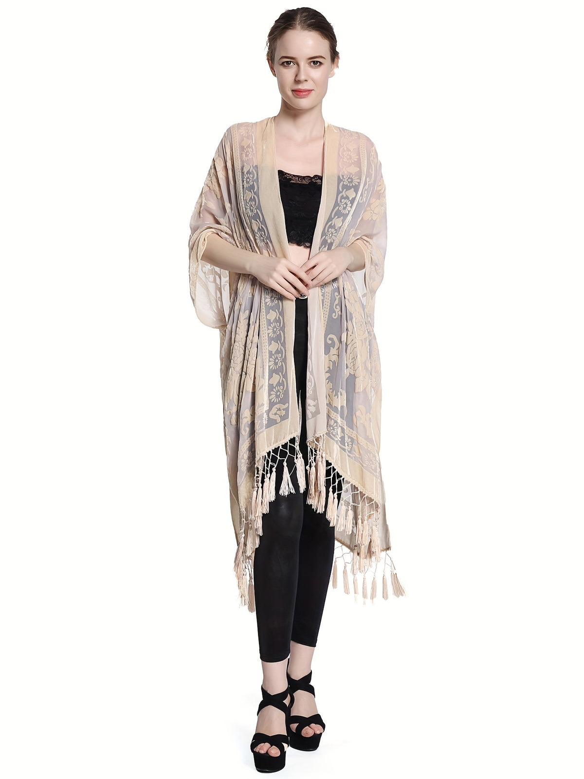 Boho Burnout Velvet Kimono Women Long Cardigan Cover Up Tassel Floral Embroidered One Size