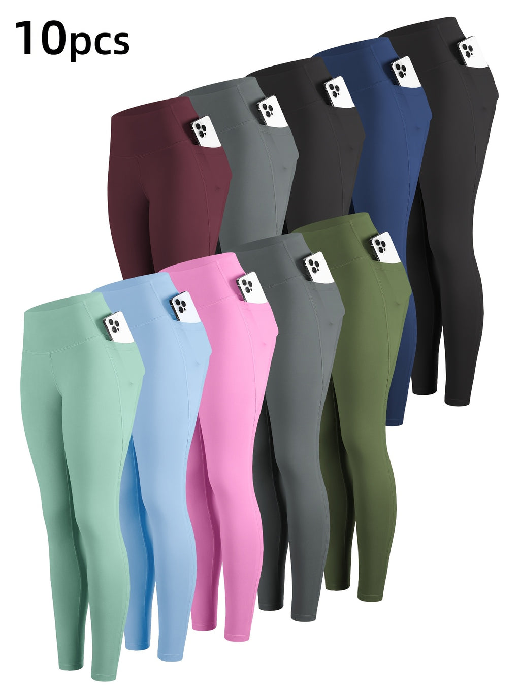 10pcs Solid Color High Waisted Leggings for Women – Cropped Tight Leggings with 2 Pockets, Multicolor