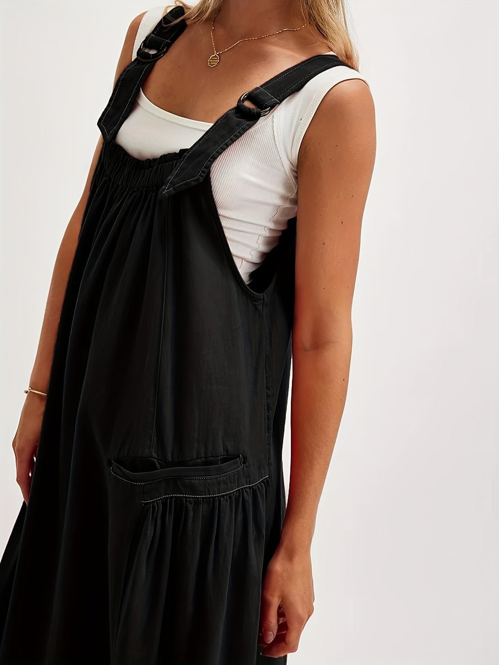 Overall Dress Women Loose Adjustable Strap Midi Length Big Pockets Workwear Casual Bib Jumper Dress Spring Summer S M L XL XXL