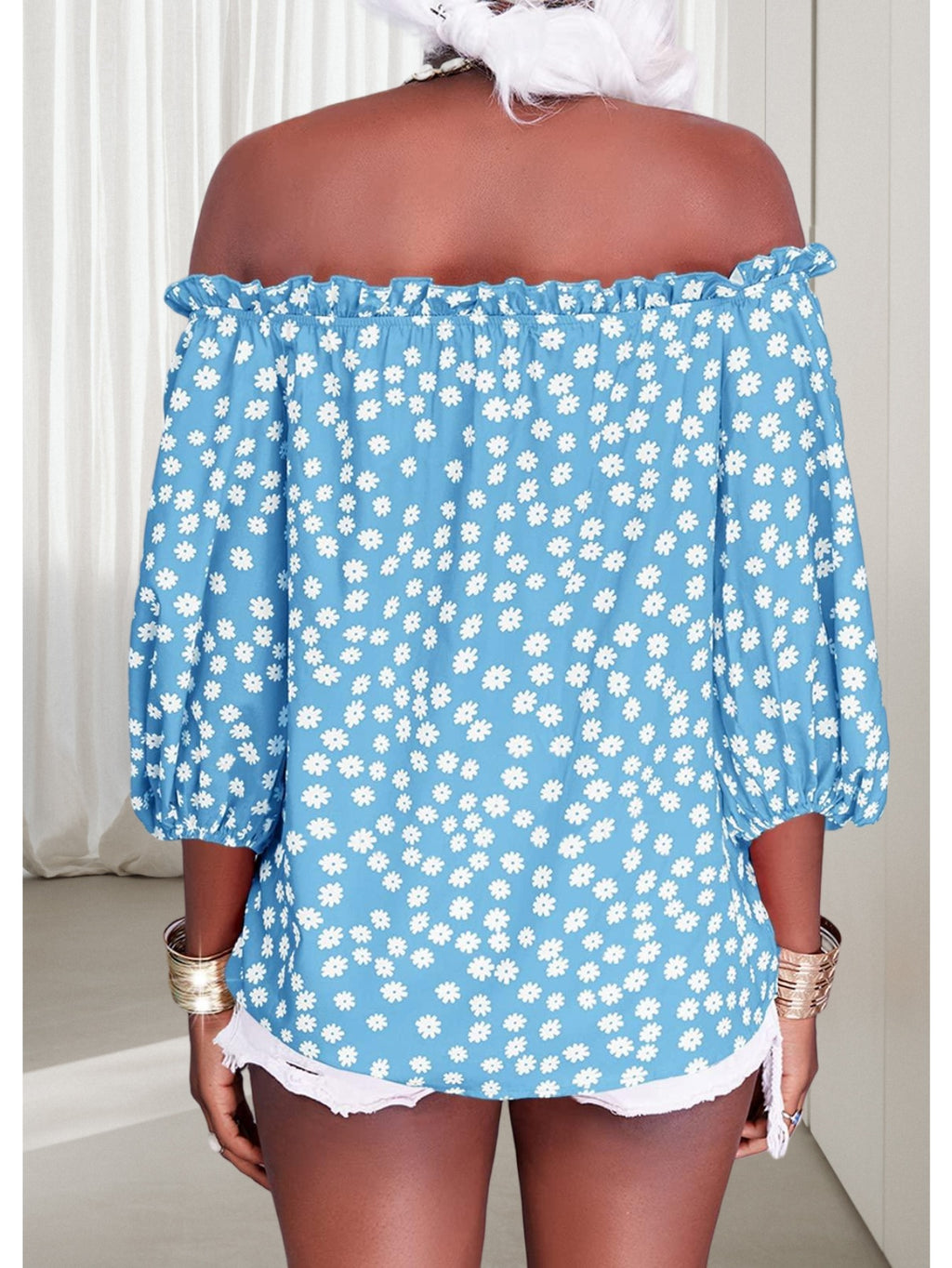 Floral Off Shoulder Chiffon Blouse Women 3/4 Sleeve Casual Summer Top Shirt 10 Colors S-XXL