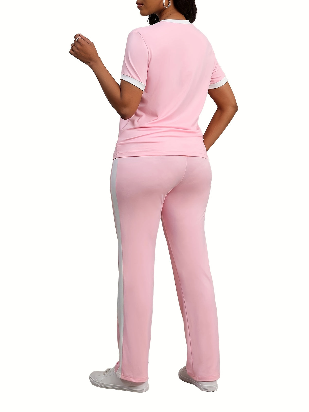 Women Colorblock 2 Piece Tracksuit Set Short Sleeve Crew Neck Top Striped Sweatpants Casual Lounge Jogger Matching Outfit for Workout Everyday Wear