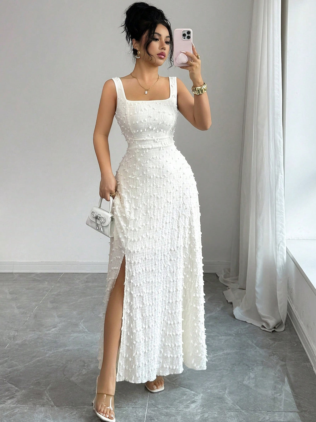 Women's White Textured Bodycon Maxi Dress Square Neck Backless Bow Tie High Split Formal Evening Party Dress