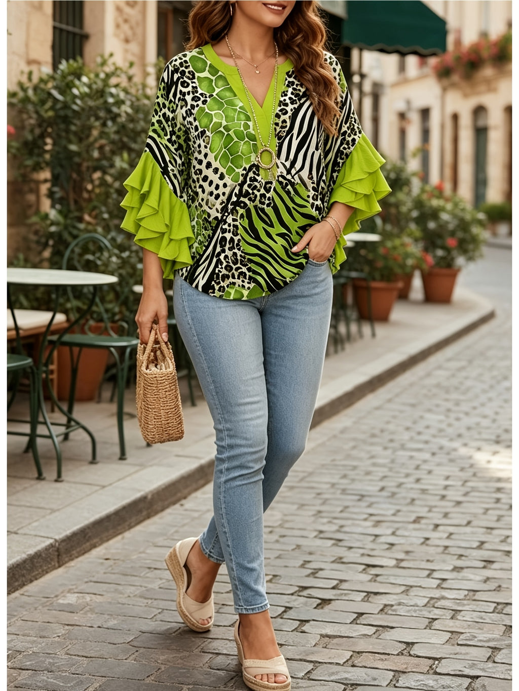 Animal Print Ruffle Sleeve Tunic Top Women V-Neck Long Blouse Three Quarter Patchwork Loose Fit Casual Daily Commute Date Night 95% Polyester