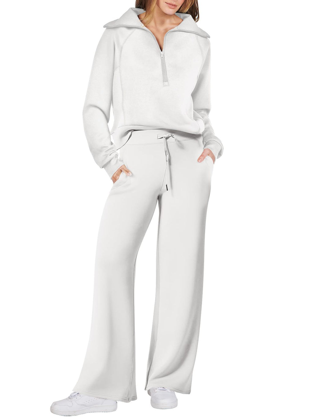 Zipper Sweatshirt Wide-Leg Pants 2 Piece Set Women Casual Tracksuit Outfit for Spring Fall - Loose Fit Jogger Co-ord Set