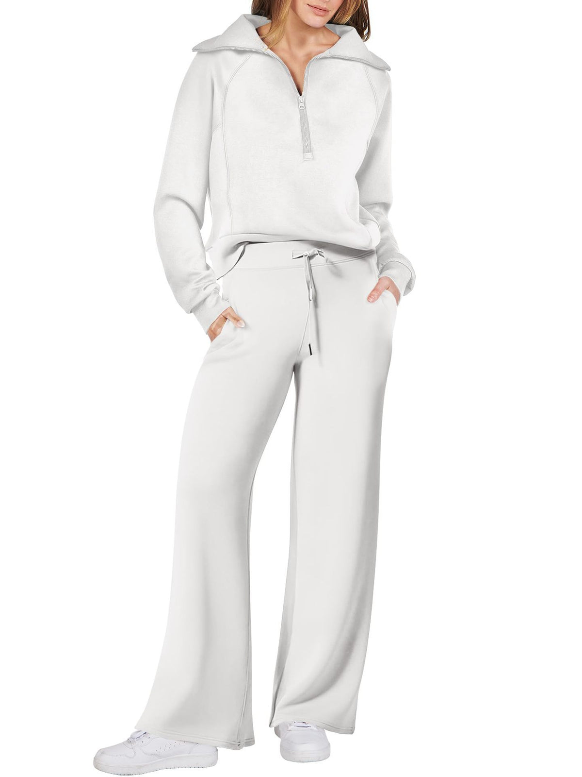 Zipper Sweatshirt Wide-Leg Pants 2 Piece Set Women Casual Tracksuit Outfit for Spring Fall - Loose Fit Jogger Co-ord Set