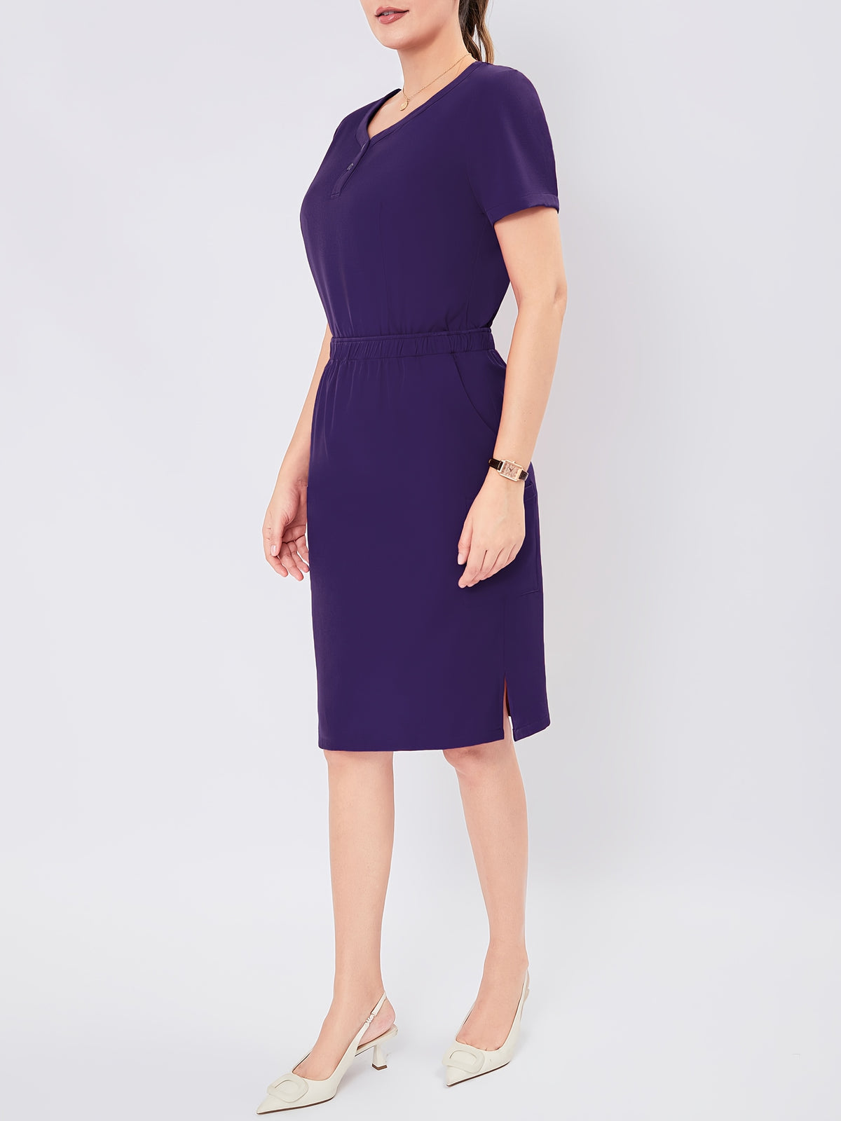 Women's V-Neck Scrub Set Short Sleeve Medical Uniform Beauty Salon Polyester Solid Color Top & Skirt with Pockets