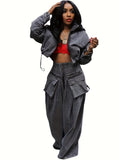 Denim 2-Piece Set Women Ruched Zip-Up Cropped Jean Jacket Wide Leg Pants Chic Matching Outfit Black Sky Blue S-XXL