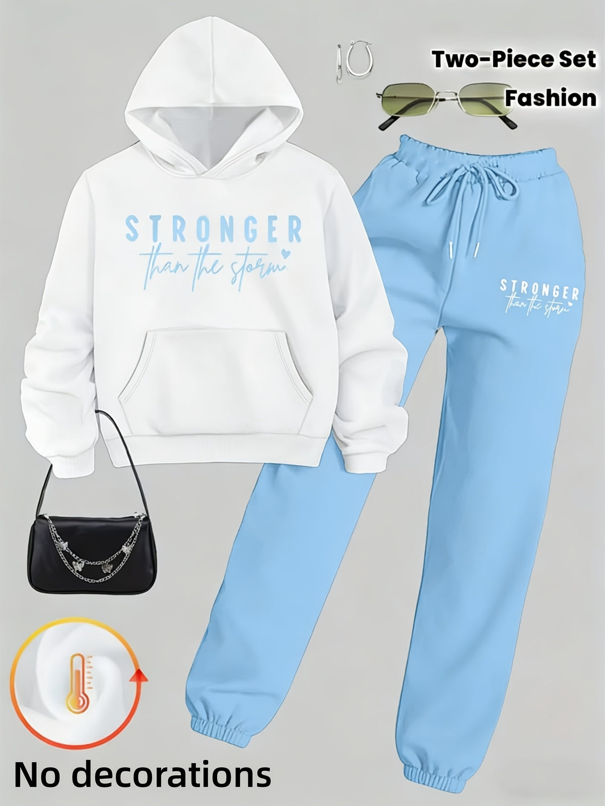 Women Two Piece Hoodie Set Motivational Stronger Than The Storm Cozy Oversized Matching Tracksuit Lounge Outfit Blue Green Purple Brown S-XXL