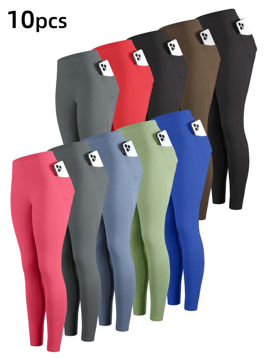 10pcs Solid Color High Waisted Leggings for Women – Cropped Tight Leggings with 2 Pockets, Multicolor
