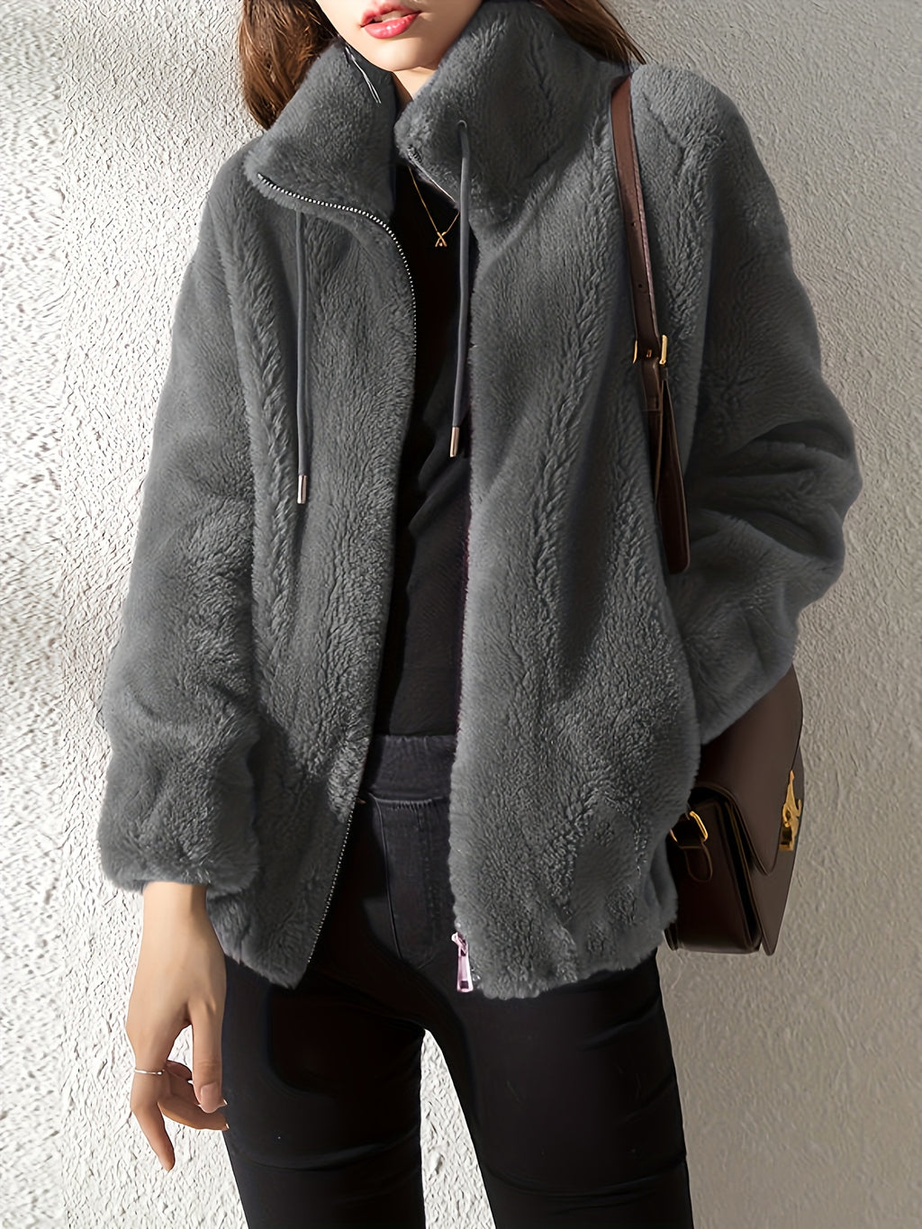 Plush Hooded Zip-Up Jacket for Women Solid Color Fuzzy Sherpa Coat Warm Winter Casual Daily