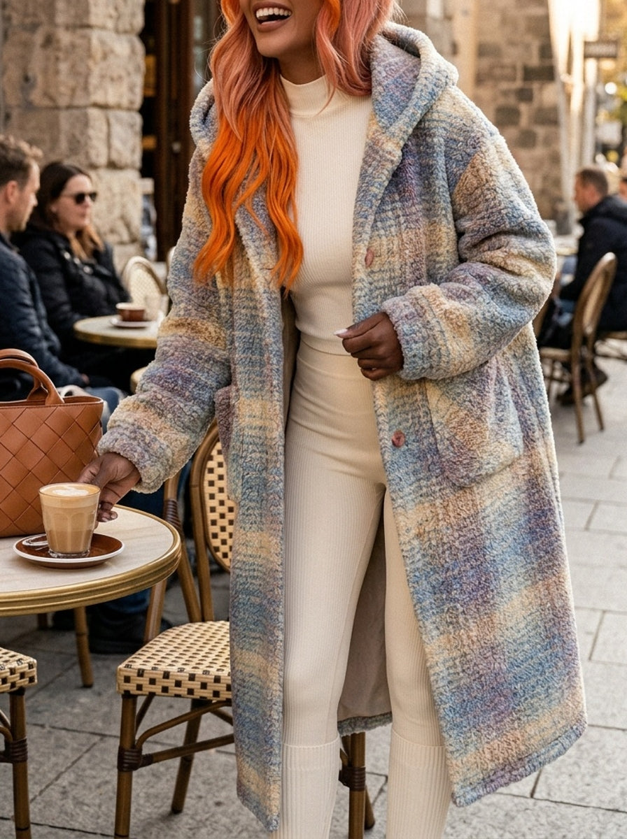Plaid Color Block Velvet Home Jacket Women Warm Long Coat Cute Sweet Lounge Wear Autumn Winter Pink Grey Black S-XL