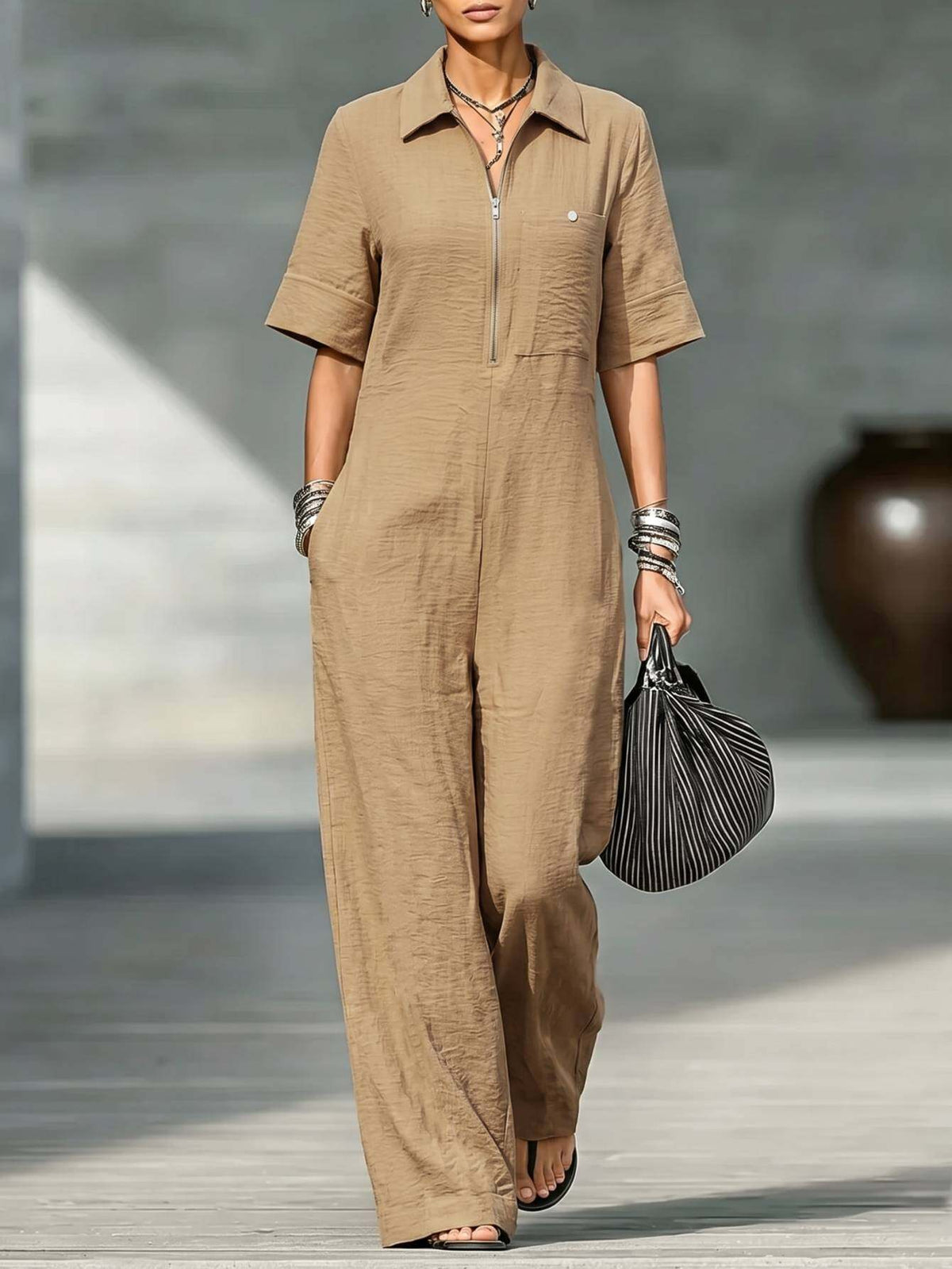 Wide-Leg Jumpsuit for Women White Line Decorative Sleeveless Elegant Street Style Casual One Piece Outfit Summer Fashion S-XXL
