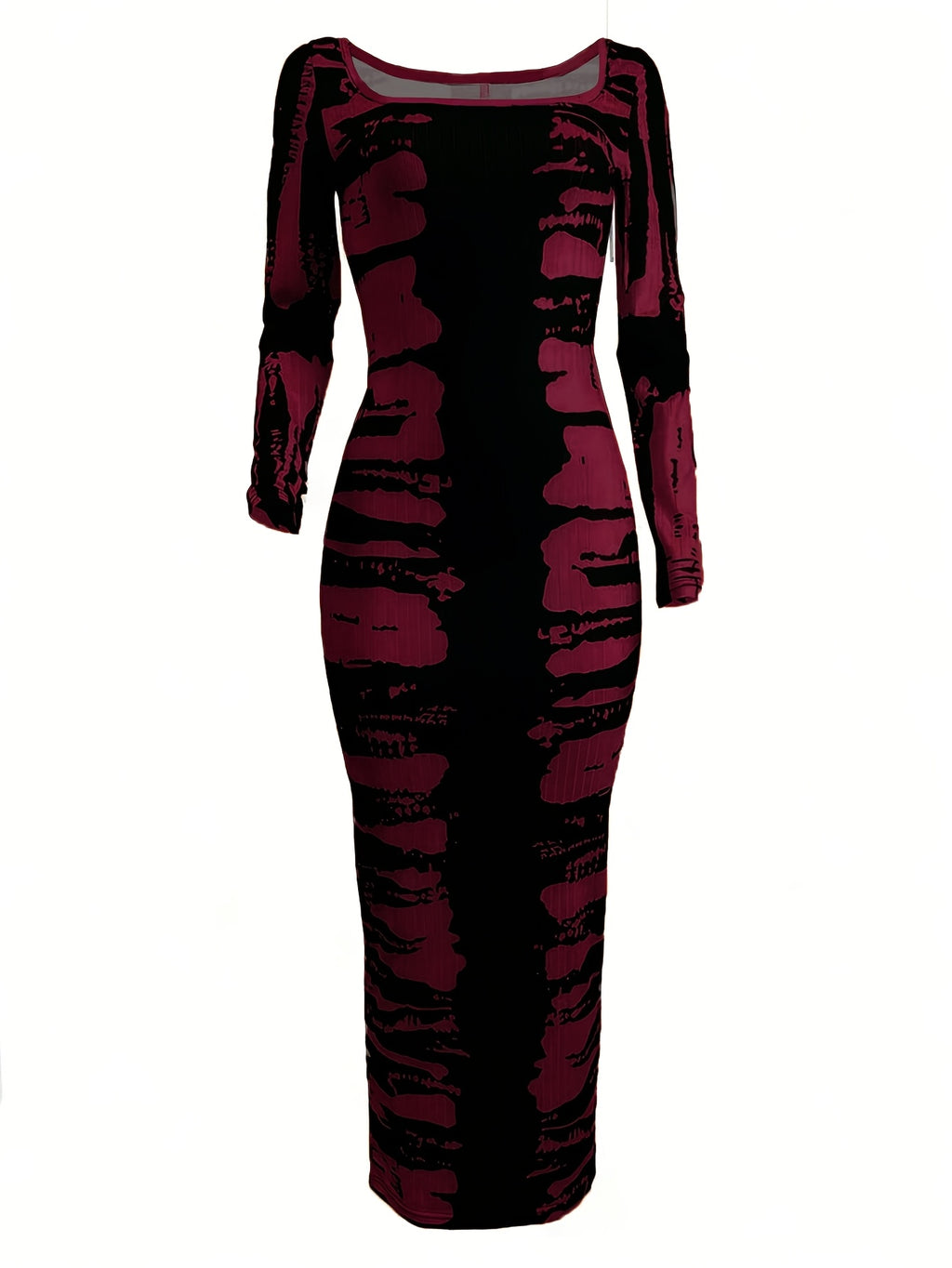 Tie-Dye Bodycon Maxi Dress Women Long Sleeve Ankle Length Contrasting Print Figure-Hugging Sexy Elegant Long Dress