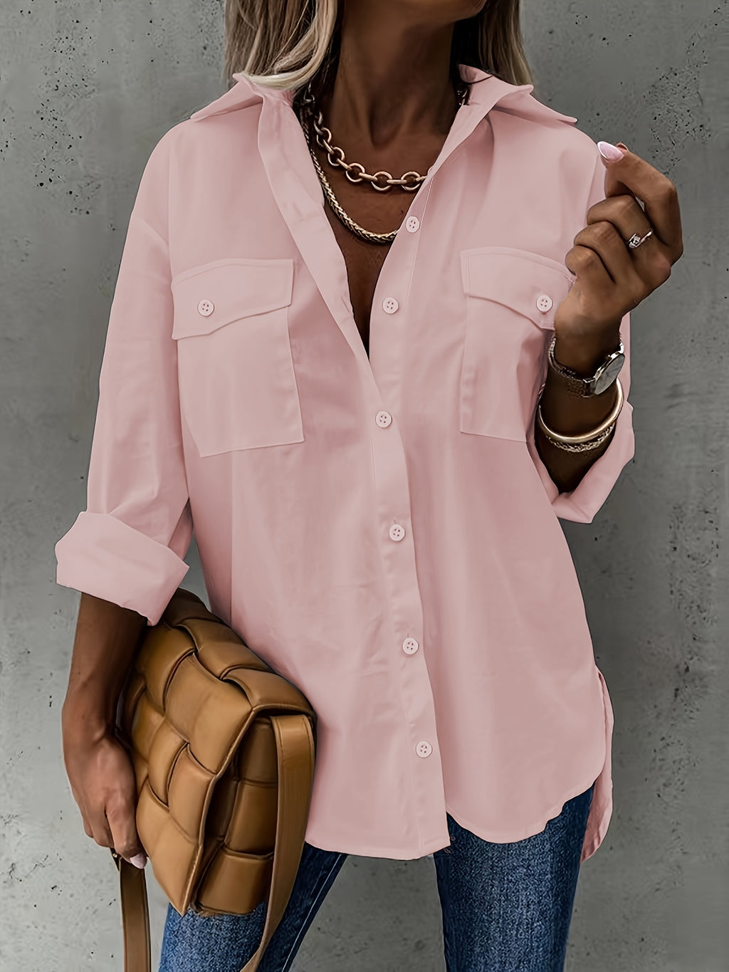 Long Sleeve Button-Up Shirt Women Chest Pocket Foldover Collar Solid Color Relaxed Fit Non-Stretch All Season Casual Blouse