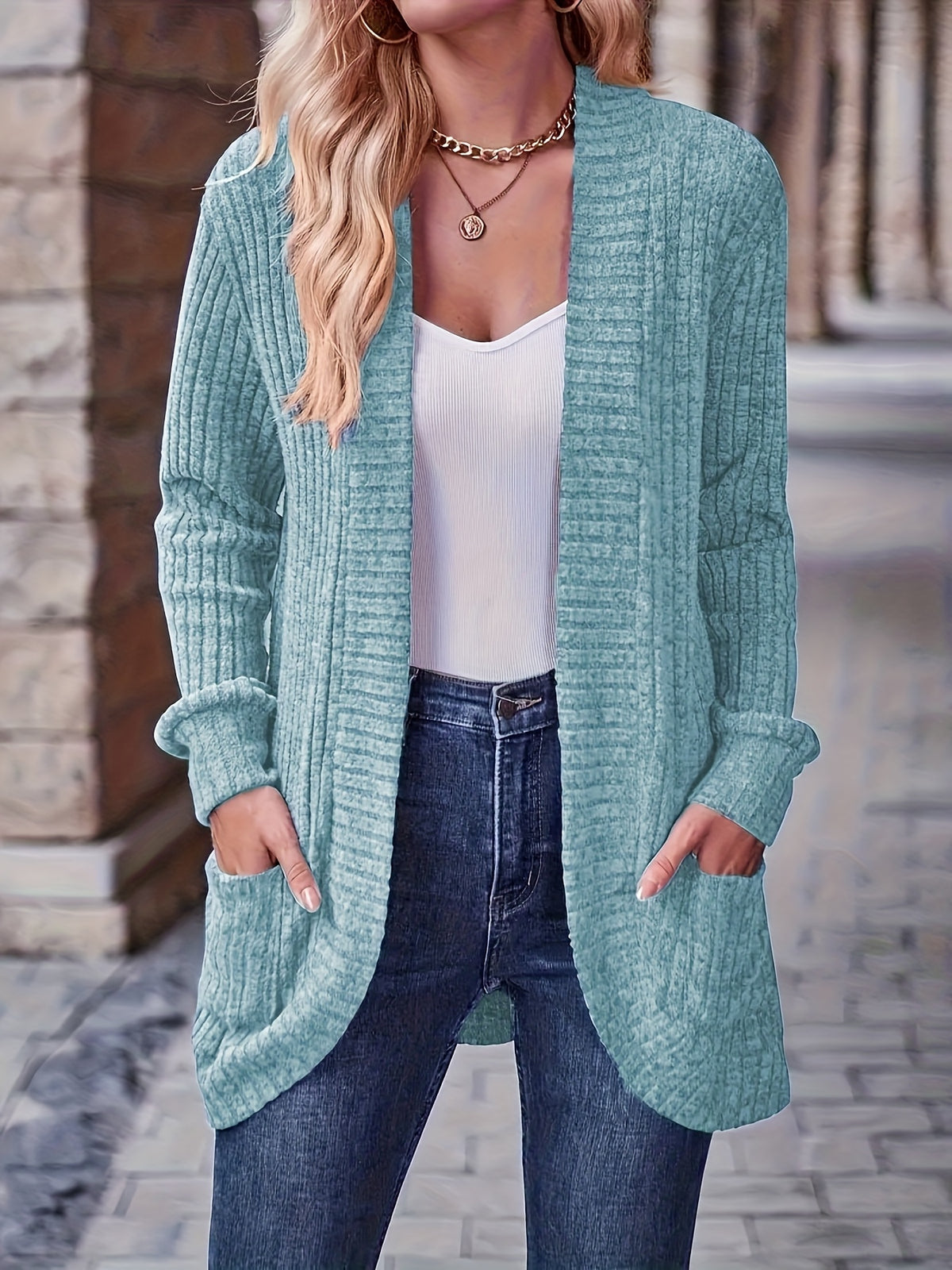 Cardigan Collar Loose Blouse Women Knit Pocket Long Sleeve Solid Color Casual Elegant Top 10 Colors Stretch Everyday Wear S-XXL