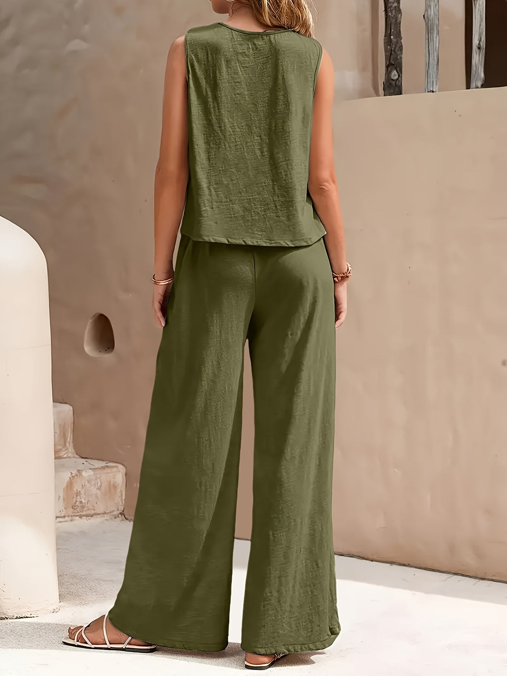 Red Sleeveless Top and Wide Leg Pants 2 Piece Set for Women – Solid Color Smooth Fabric Casual Elegant, Spring Summer, Sizes S-XXL
