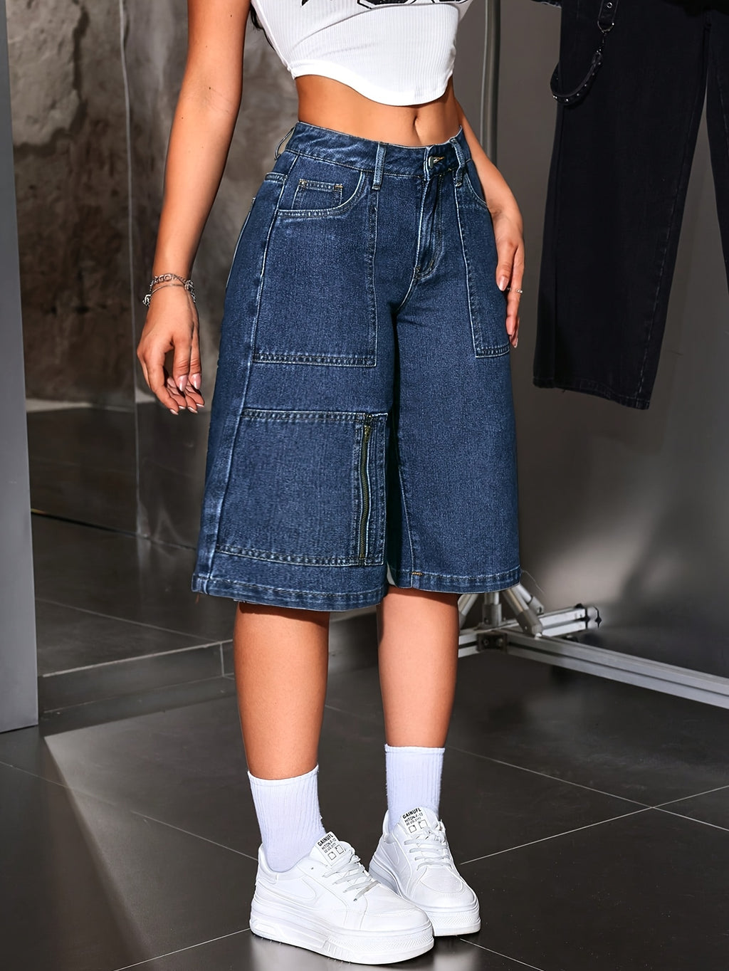 Knee Length Denim Shorts Women Multi Pocket Zipper Workwear Street Style Royal Blue Casual Bermuda Jean Shorts S-XXL