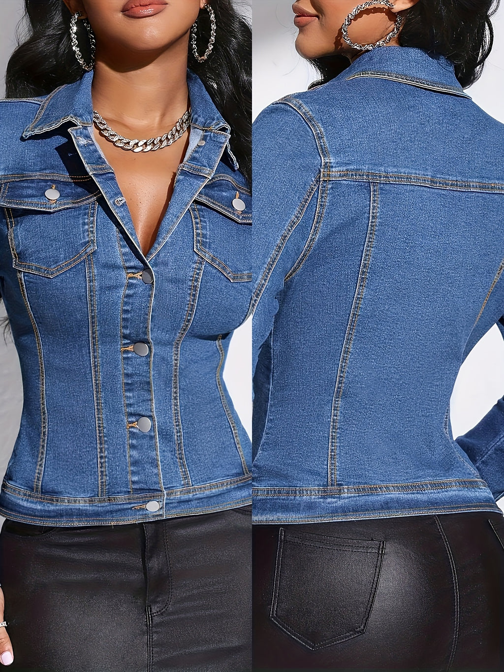 Slim Fit Stretch Denim Jacket Women Vintage Blue Short Form-Fitting Coat with Pockets Stylish Elegant Summer Outerwear