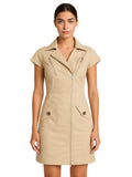 Zip Up Utility Dress Women Short Sleeve Notched Collar Zippered Pockets Elasticized Waist Tailored Casual Work Weekend Shirt Dress Lightweight