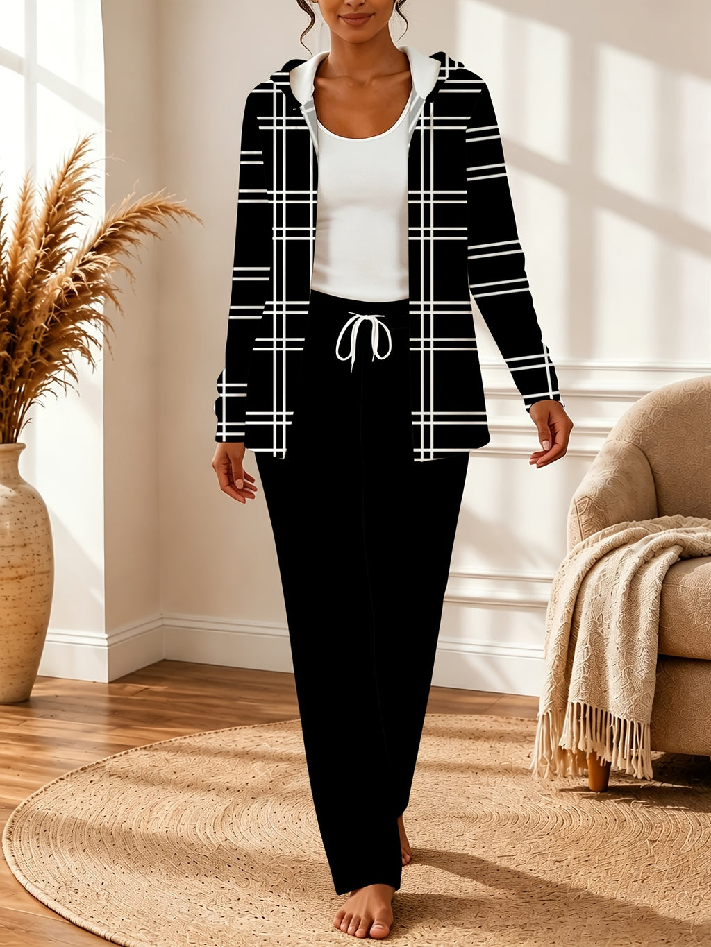 Color Block Hooded Cardigan Wide Leg Pants Lounge Set Women Casual Home Weekend Tracksuit Outfit S-XXL