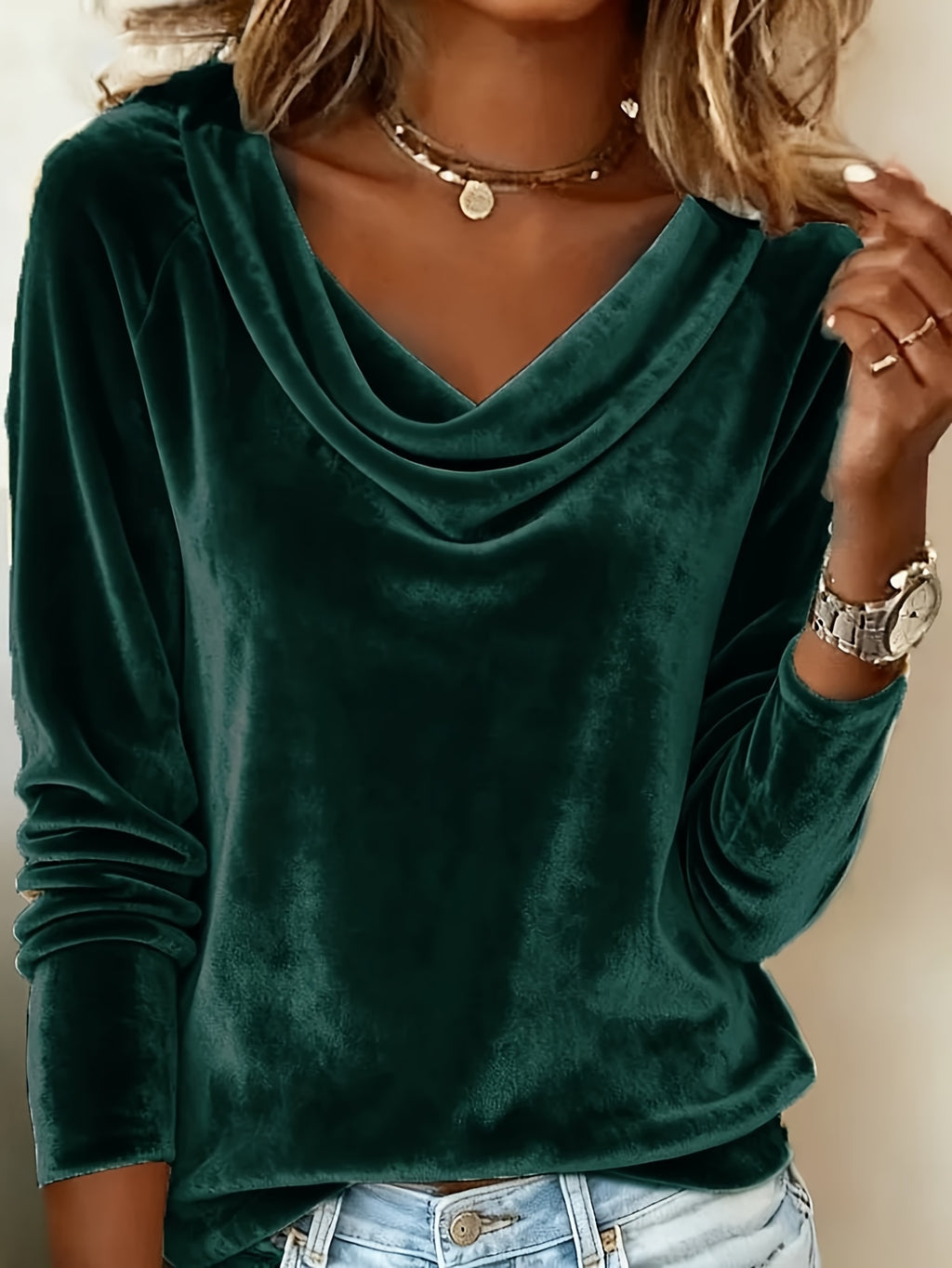 Velvet Swing Collar Long Sleeve Top Women Elegant Solid Color Stretchy Blouse Workplace Office Shirt Red Green Black Gold Fall Winter S-XXL