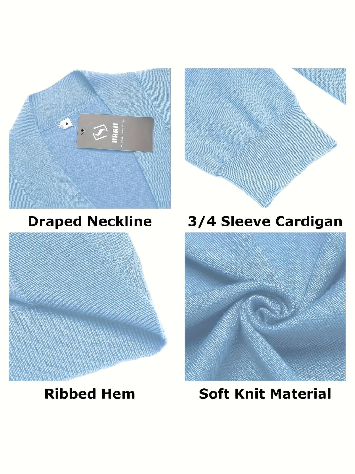Cropped Open Front Cardigan Women 3/4 Sleeve Knit Shrug Ribbed Hem Draped Neckline Lightweight Stretchy Layering Top 9 Colors Spring Summer Fall S-XXL
