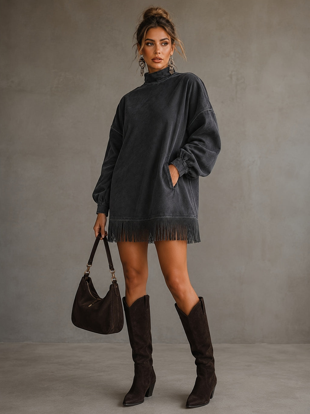 Fringed High Neck Long Sleeve Midi Dress Women | Retro Tassel Pleated Skirt | Loose Casual Dress XS-L