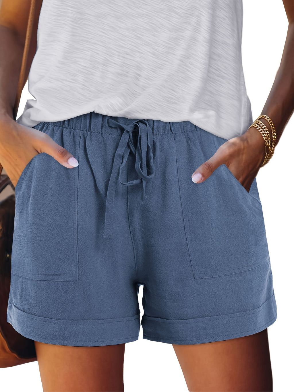 Women's Drawstring Elastic Waist Casual Shorts with Pockets Summer Beach Lightweight Loose Fit Short Pants Pure Color S-XXL