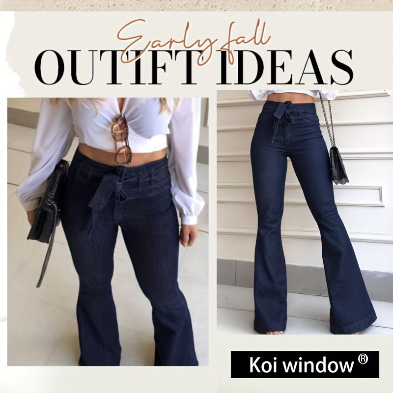 High Waist Flared Wide Leg Jeans Women Retro 70s Style Ripped Elastic Waistband Belt Accent Loose Fit Casual Cocktail Party Blue S-XXL