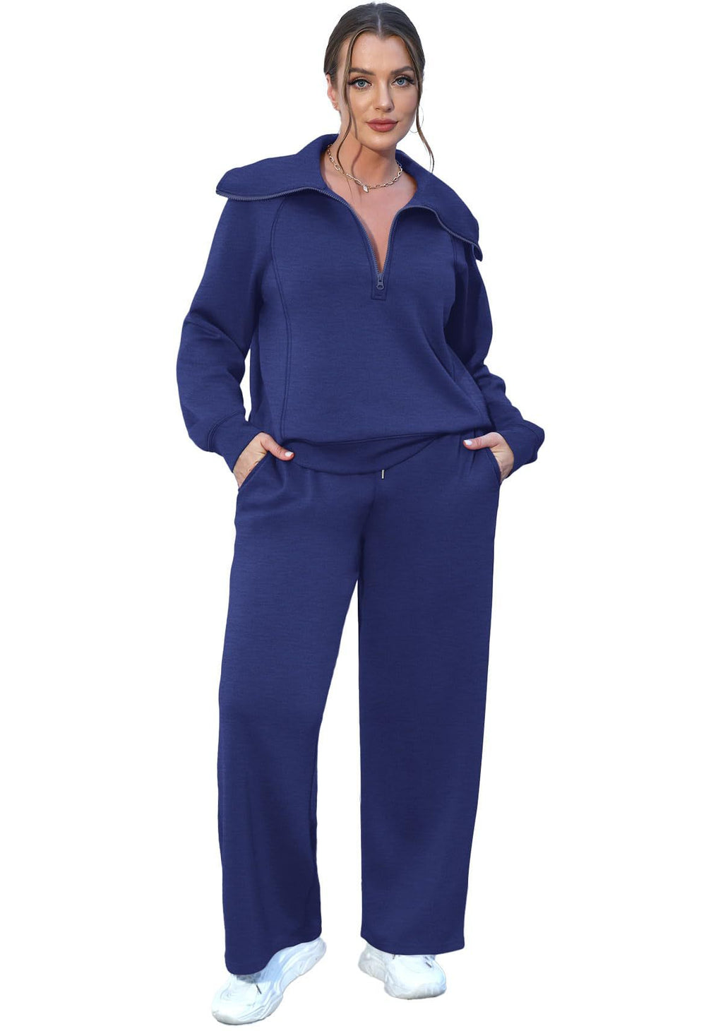 Zipper Sweatshirt Wide-Leg Pants 2 Piece Set Women Casual Tracksuit Outfit for Spring Fall - Loose Fit Jogger Co-ord Set