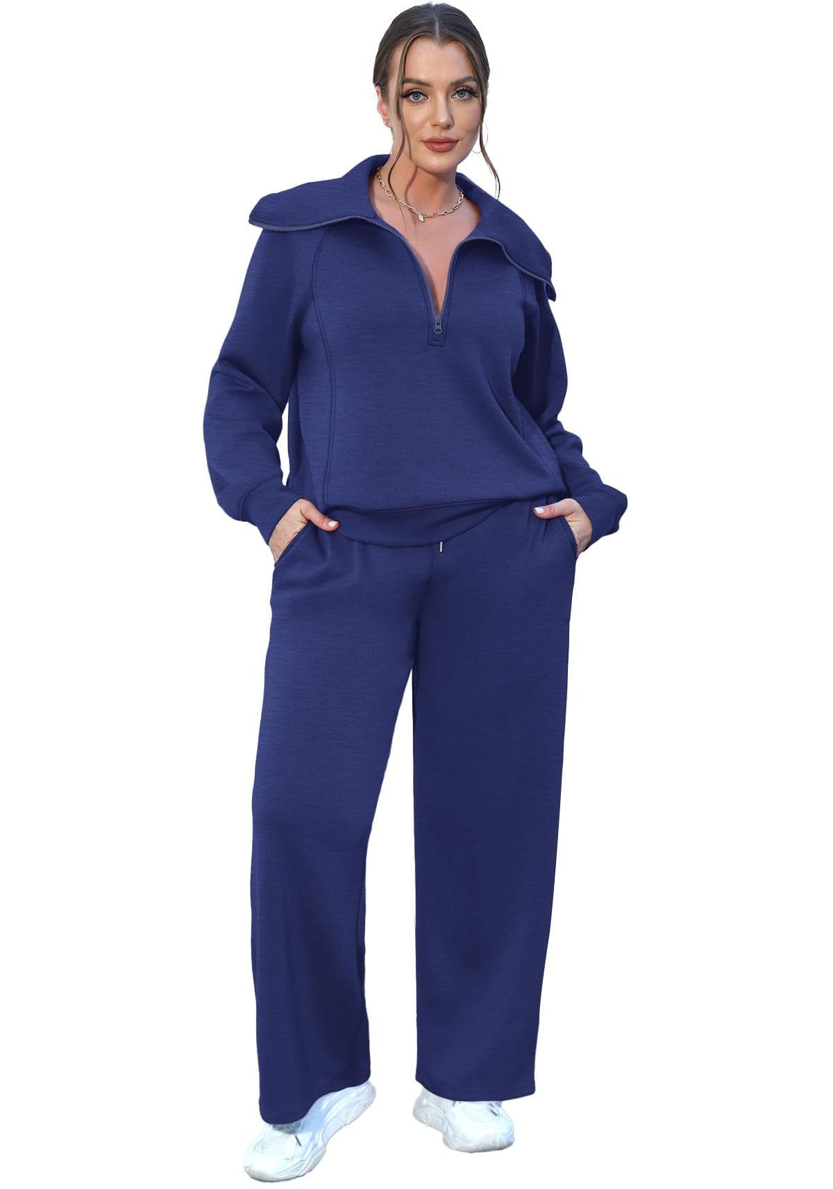 Zipper Sweatshirt Wide-Leg Pants 2 Piece Set Women Casual Tracksuit Outfit for Spring Fall - Loose Fit Jogger Co-ord Set