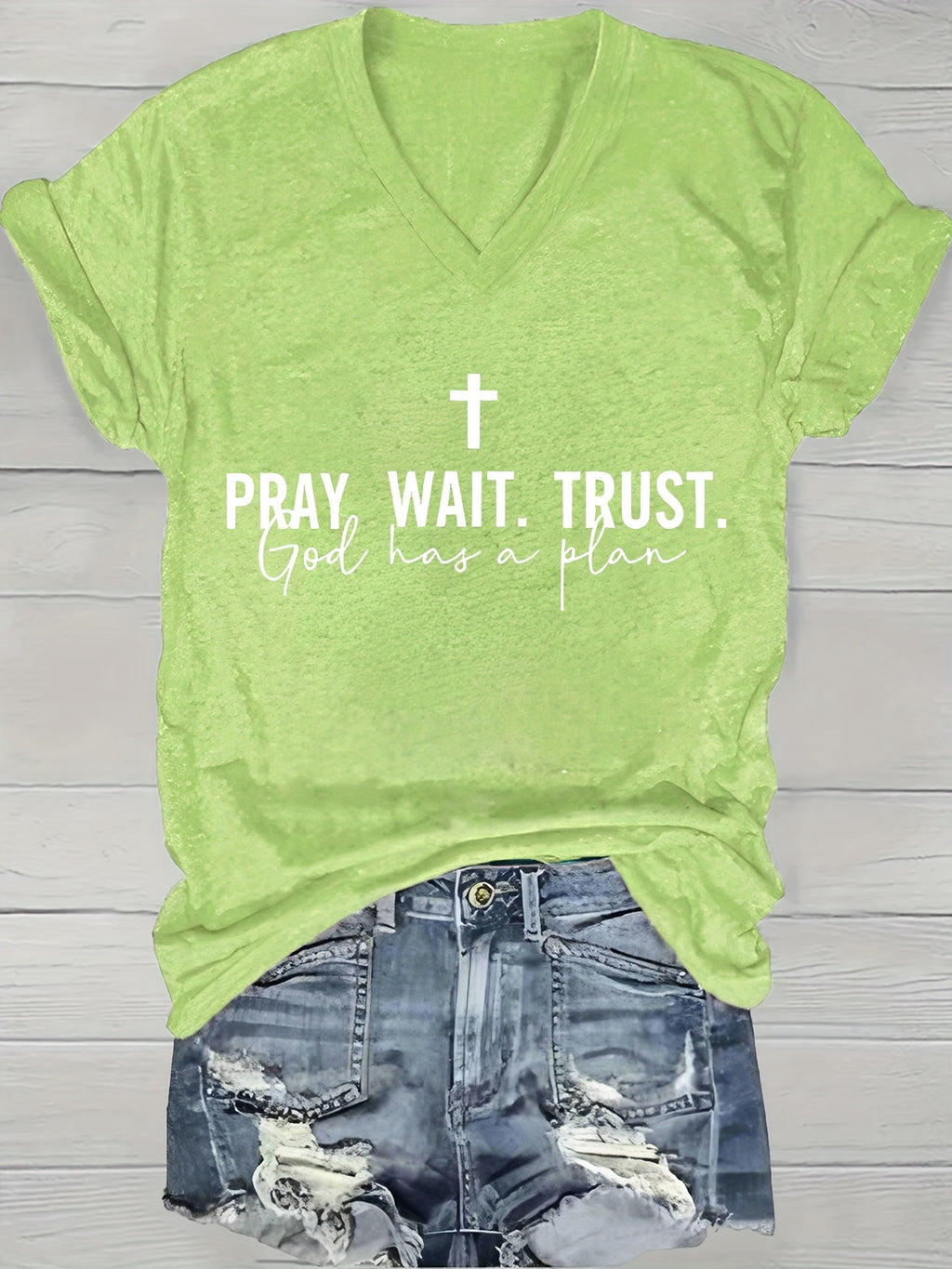 Faith Slogan V-Neck Tee Women Pray Wait Trust Print Short Sleeve 180gsm Casual Spring Summer Inspirational Top S-XXL