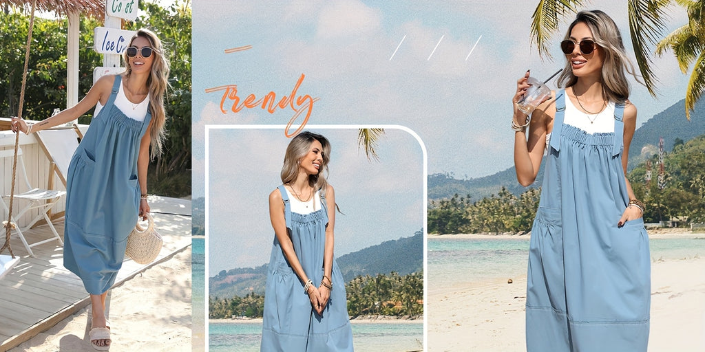 Overall Dress Women Loose Adjustable Strap Midi Length Big Pockets Workwear Casual Bib Jumper Dress Spring Summer S M L XL XXL