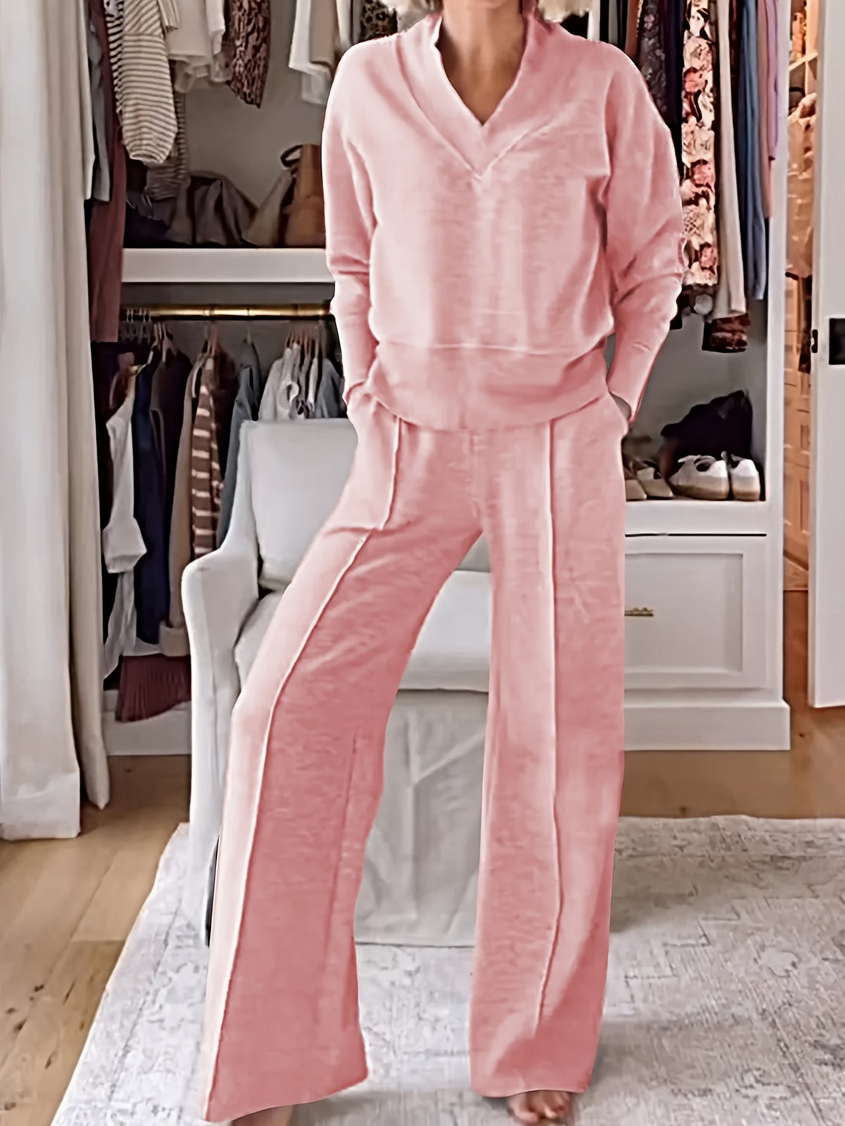 Women's 2 Piece Set V-Neck Long Sleeve Loose Top and Wide Leg Pants Casual Elegant Matching Outfit Spring Fall Fashion