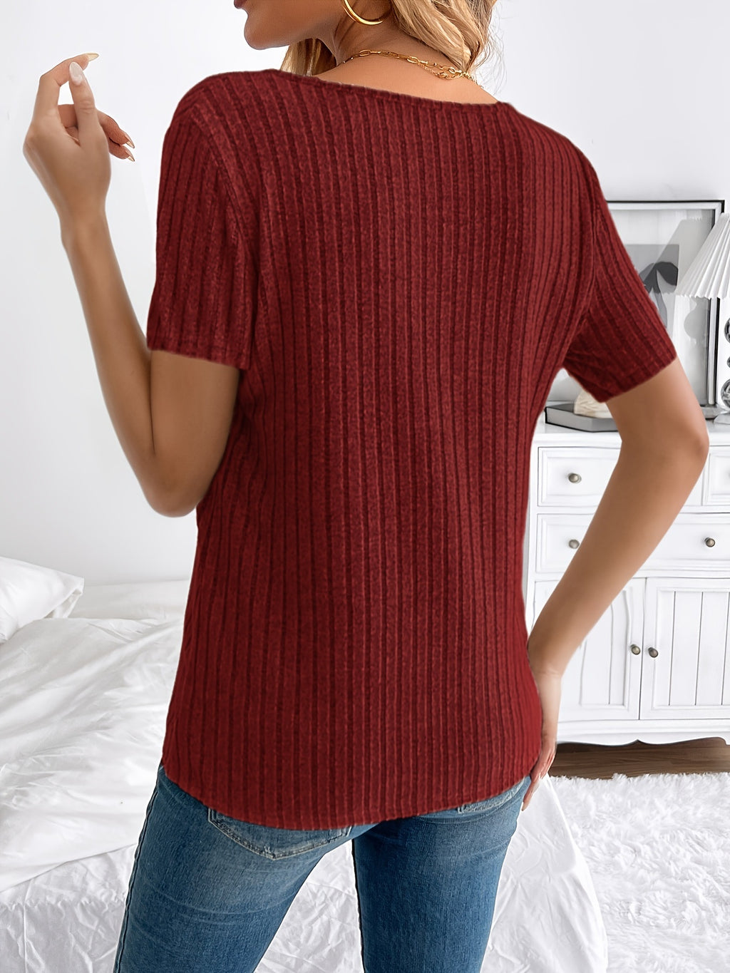 Ribbed V-Neck Button Detail T-Shirt Women Short Sleeve Loose Fit Casual Stretch Knit Top Machine Washable Spring Summer Everyday Style