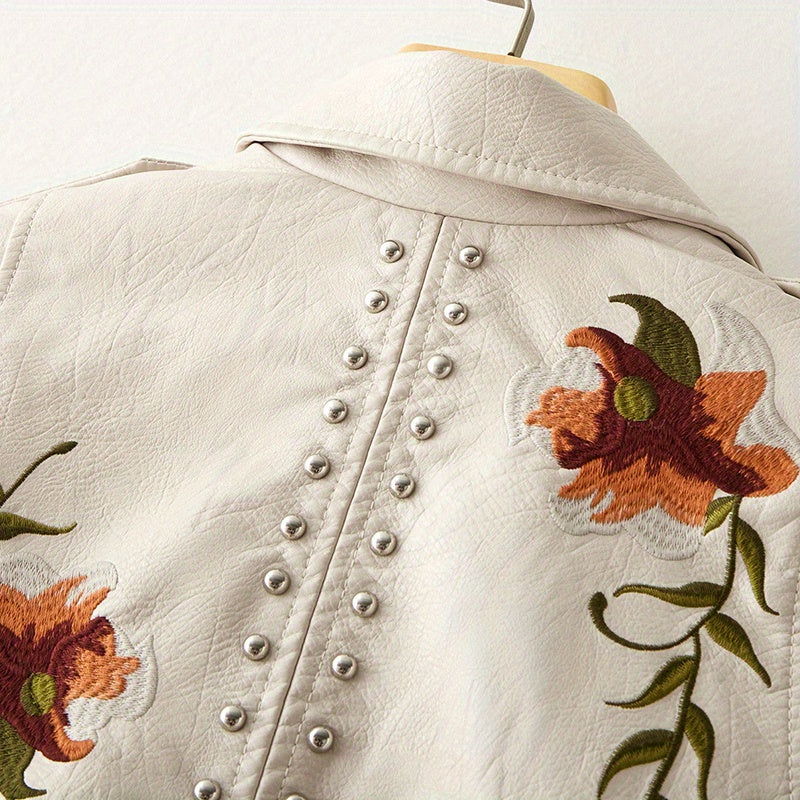 Floral Embroidered Moto PU Jacket Women Studded Faux Leather Coat Casual All Season Streetwear Biker Jacket