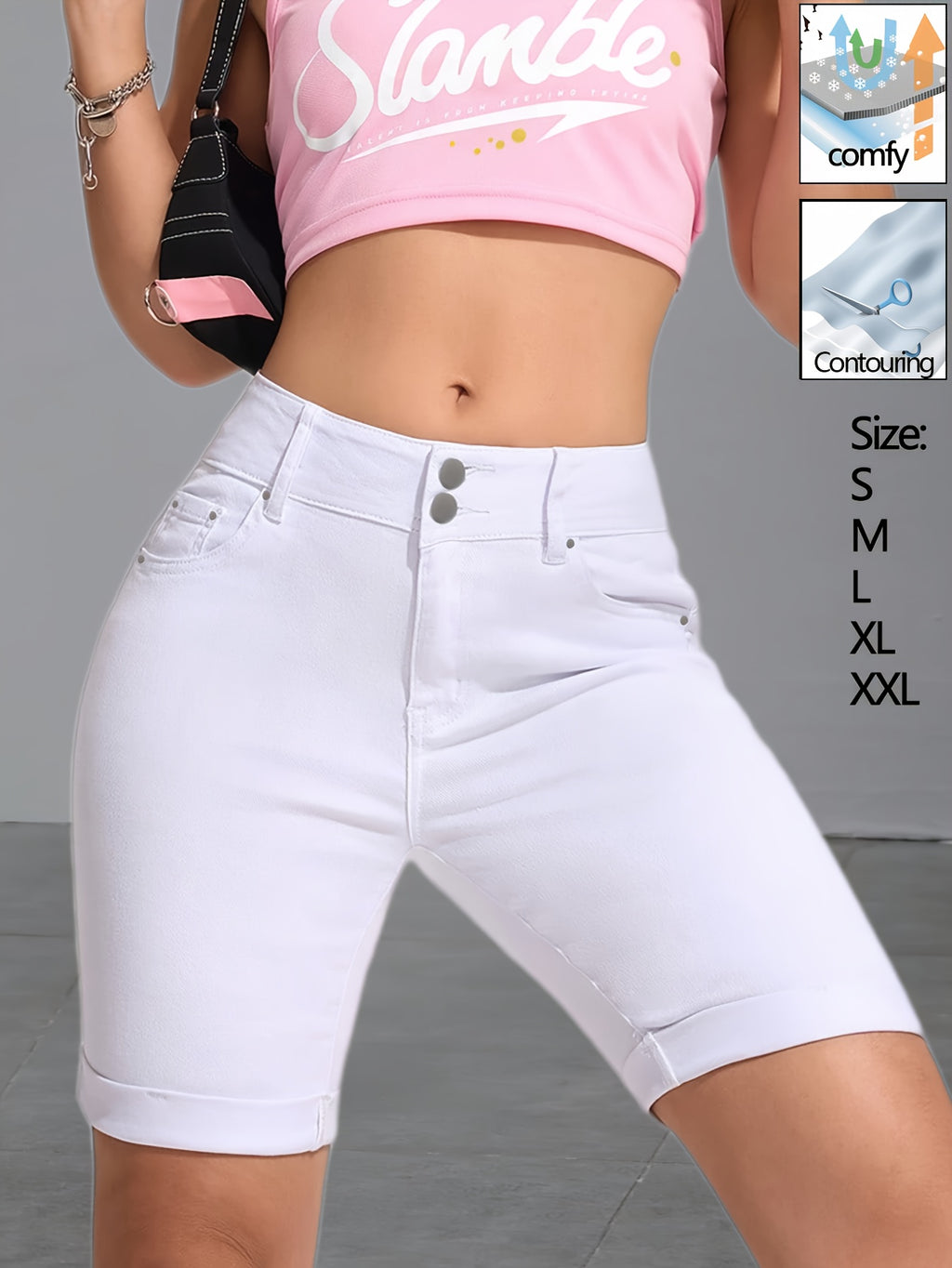 White High Waist Denim Shorts for Women - Double Breasted Button Fly, Multi-Rivet Detail, Butt Lift High Stretch Fabric, Flattering Casual Summer Jean Shorts
