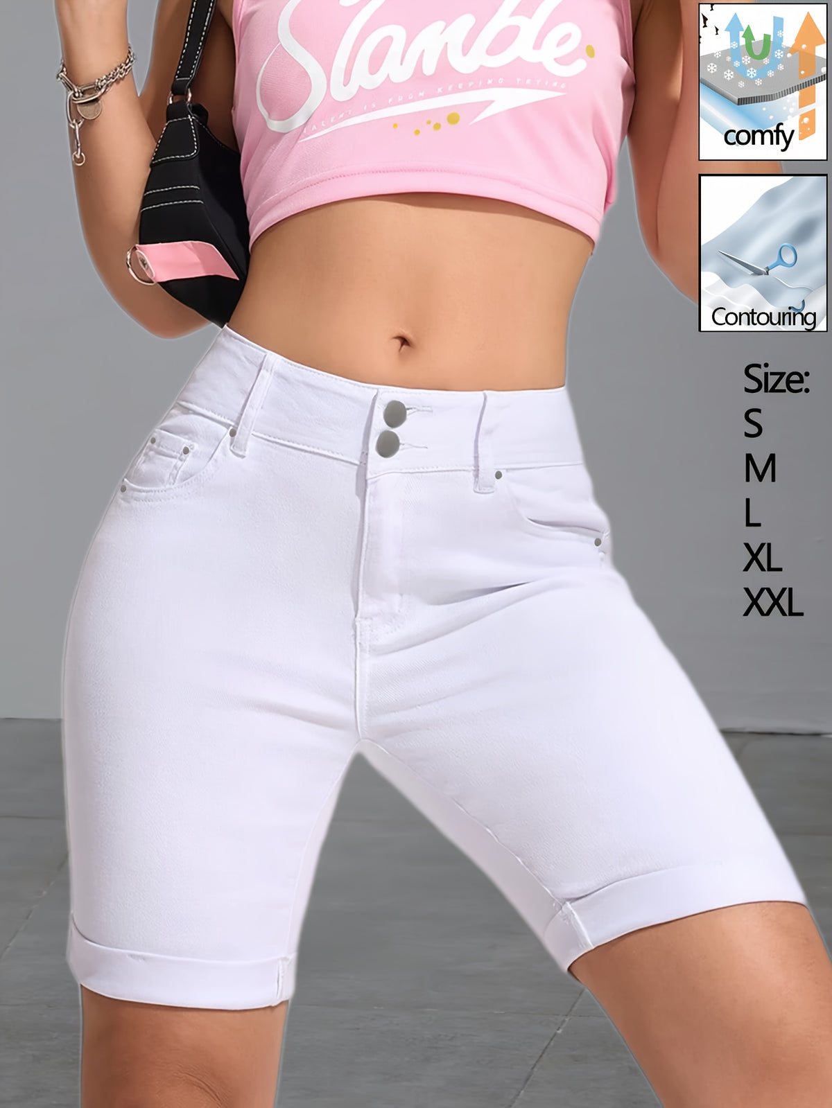 White High Waist Denim Shorts for Women - Double Breasted Button Fly, Multi-Rivet Detail, Butt Lift High Stretch Fabric, Flattering Casual Summer Jean Shorts