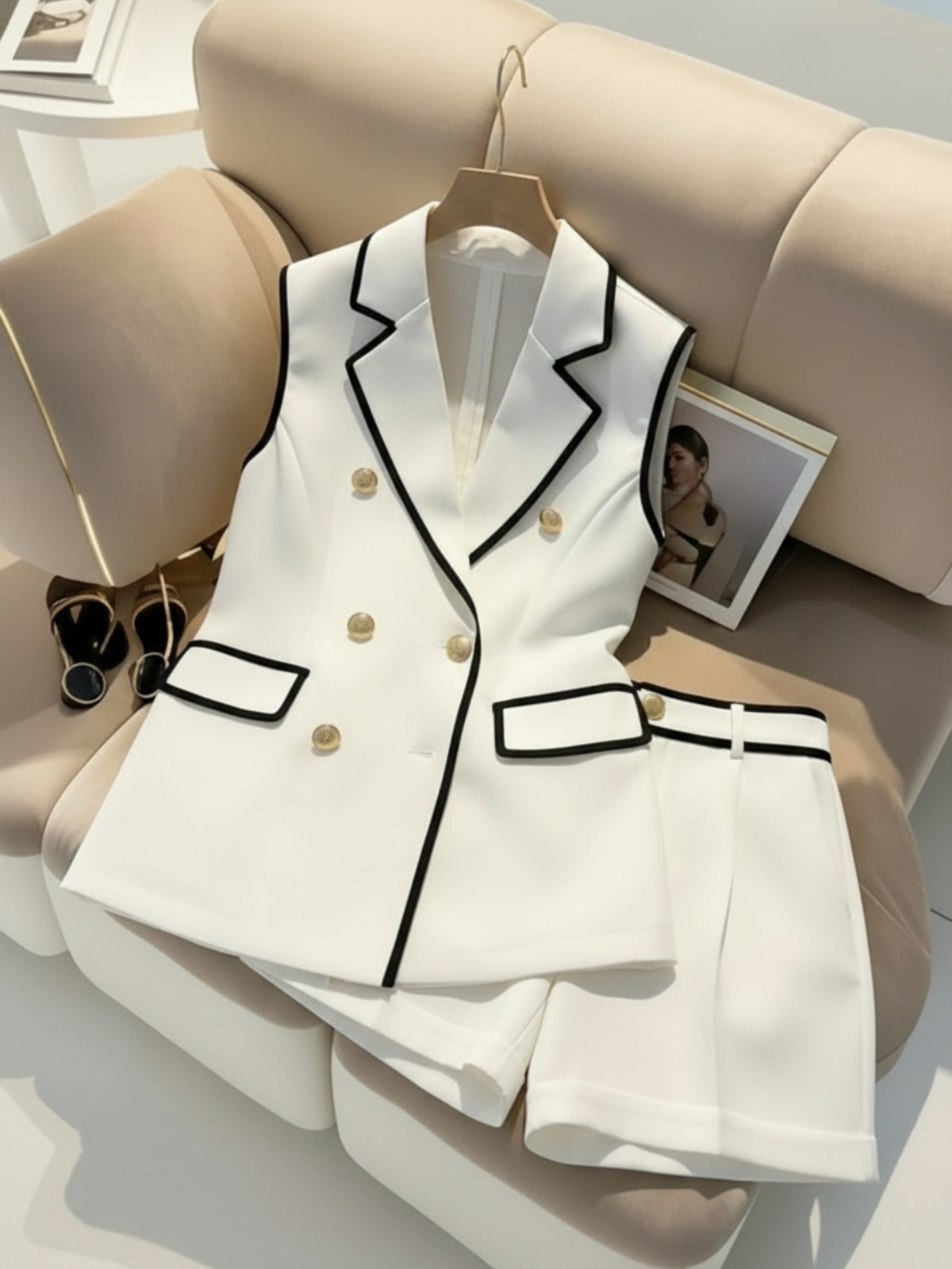 Double-Breasted Vest & Shorts 2-Piece Set for Women - Black White Contrast Trim Polished Casual Suit Chic Matching Outfit