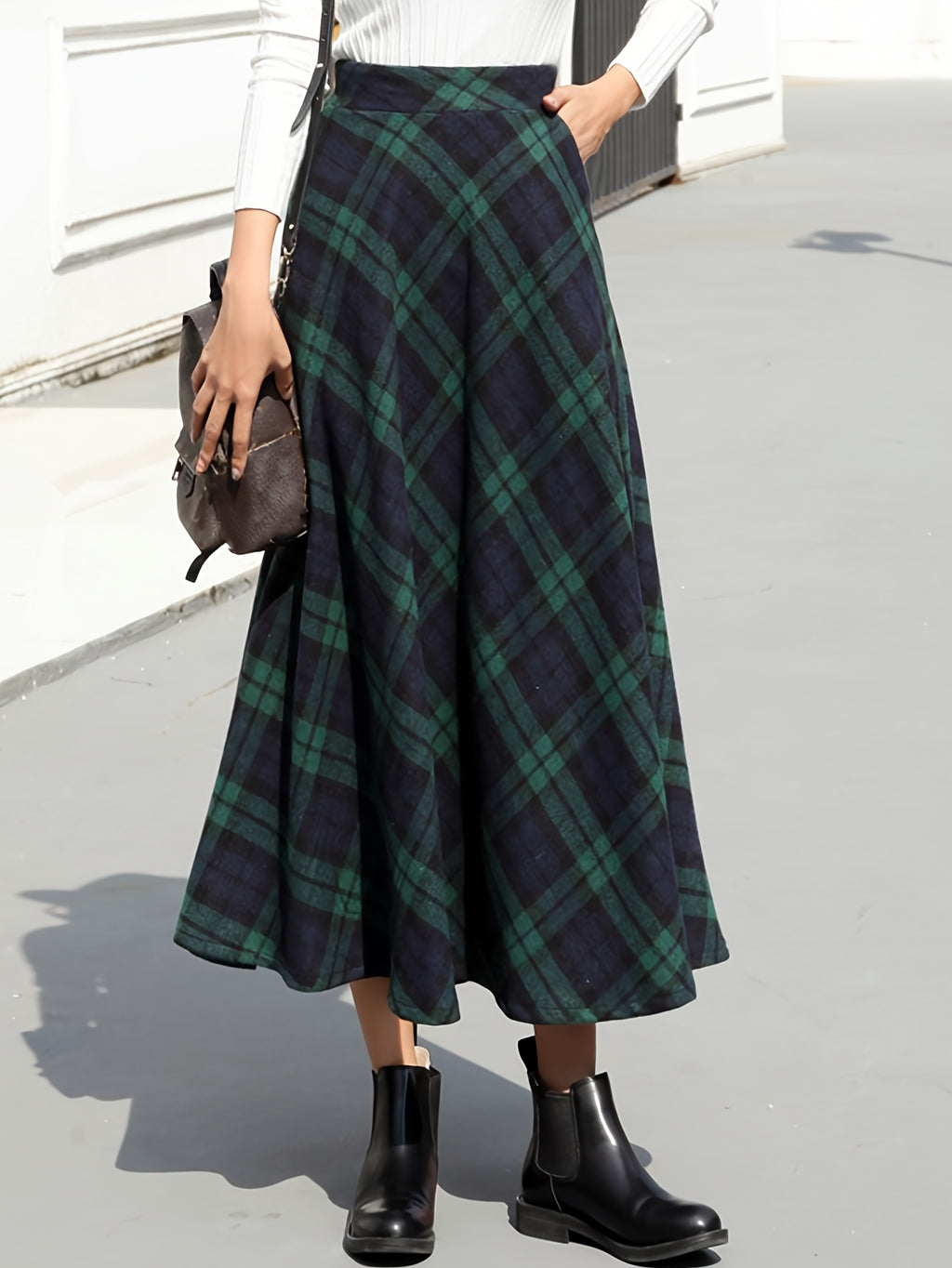 Wool Plaid Maxi Skirt Women A-Line Pleated Elastic Waist Fall Winter Long Skirt Grey M-XXL