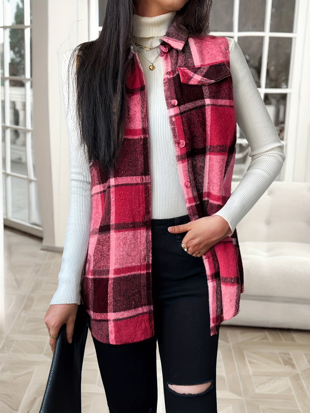 Plaid Lapel Vest Jacket Women Casual Suede Sleeveless Outerwear Fall Winter Layering